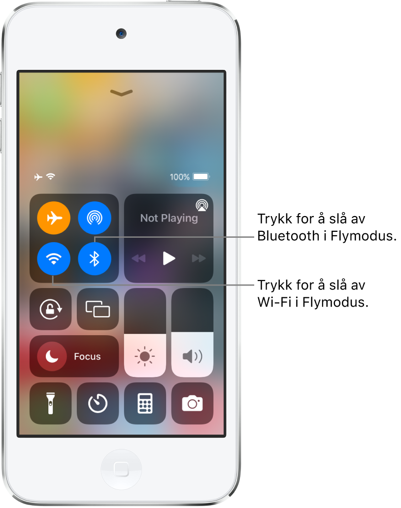 Kontrollsenter med flymodus på. I gruppen med kontroller øverst til venstre vises Wi-Fi-knappen (nederst til venstre) og Bluetooth-knappen (nederst til høyre).