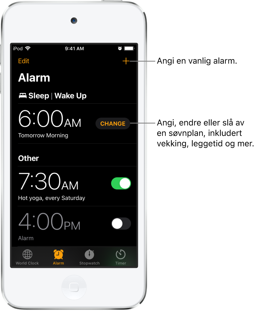 Alarm-fanen, som viser tre alarmer stilt inn til ulike tidspunkter, knappen for å stille inn en vanlig alarm øverst til høyre og Vekking-alarmen med en knapp for å endre søvnplanen i Helse-appen.