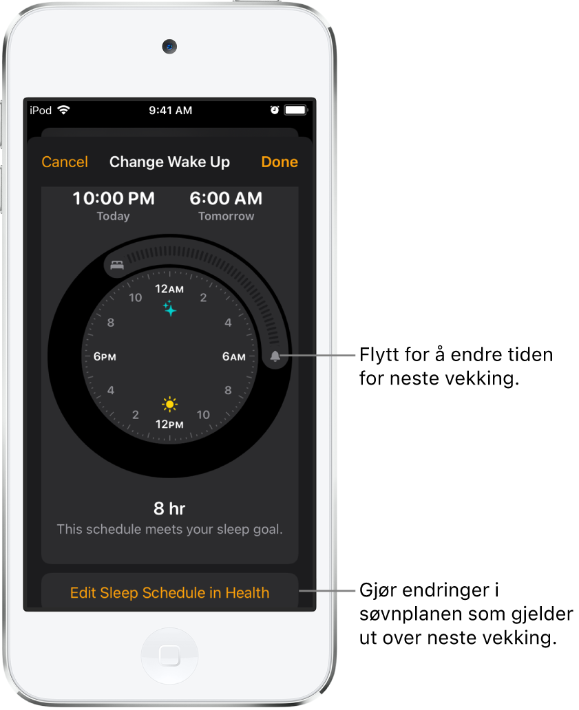 En skjerm for å endre Vekking-alarmen for i morgen, med skyveknapper for å endre leggetids- og vekkingstidspunktet og en knapp for å endre søvnplanen i Helse-appen.