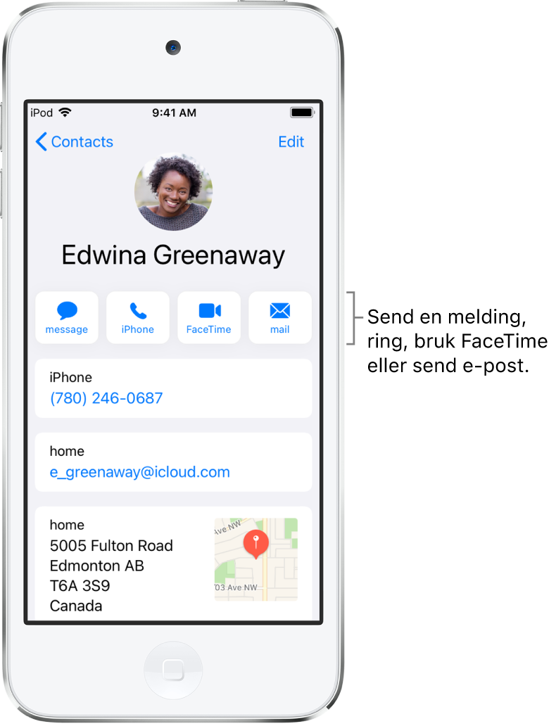 Infoskjermen for en kontakt. Kontaktens bilde og navn er øverst. Under finnes knapper for å sende en melding, starte et telefonanrop, starte et FaceTime-anrop og sende en e-postmelding. Under knappene er kontaktinformasjonen.
