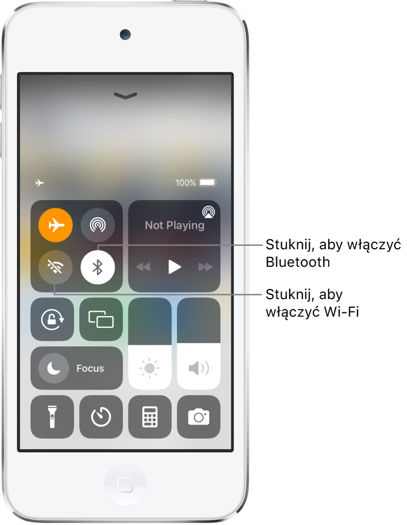 Centrum sterowania z włączonym trybem Samolot. W lewym górnym rogu centrum sterowania widoczne są przyciski do włączania Wi‑Fi oraz Bluetooth.