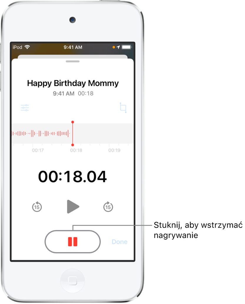 Ekran nagrywania w aplikacji Dyktafon; przycisk wstrzymywania jest aktywny, a narzędzia odtwarzania oraz przechodzenia do przodu i do tyłu o 15 sekund są wygaszone. Główna część ekranu zawiera kształt fali tworzonego nagrania oraz wskaźnik czasu. Na pasku statusu w prawym górnym rogu widoczny jest pomarańczowy wskaźnik użycia mikrofonu.