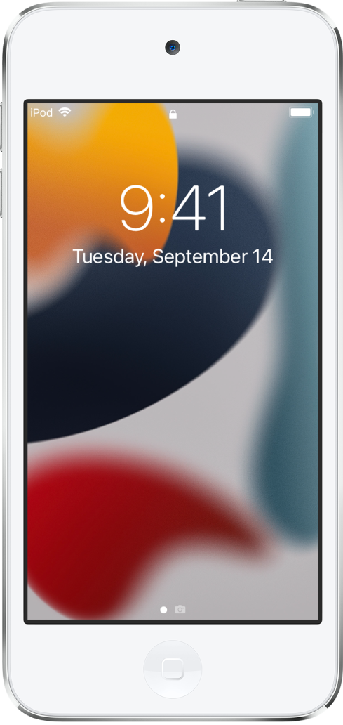 Zablokowany ekran iPoda touch, pokazujący bieżącą datę i godzinę.