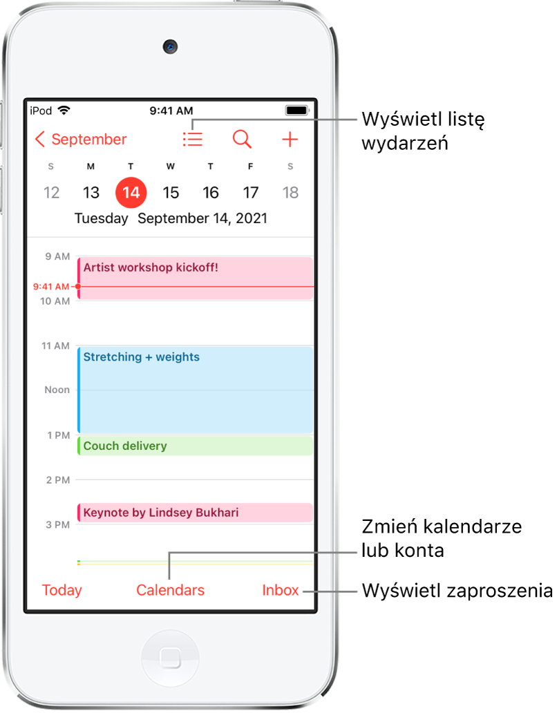 Widok dnia kalendarza zawierający wydarzenia tego dnia. Na dole ekranu znajduje się przycisk Kalendarze, który pozwala na zmienianie kont kalendarzy. W prawym dolnym rogu widoczny jest przycisk Przychodzące, który pozwala na wyświetlanie zaproszeń.