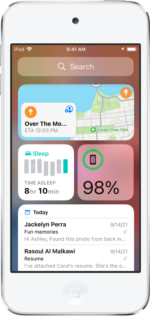 Widget do app Mapas e outros widgets na tela do iPod touch.