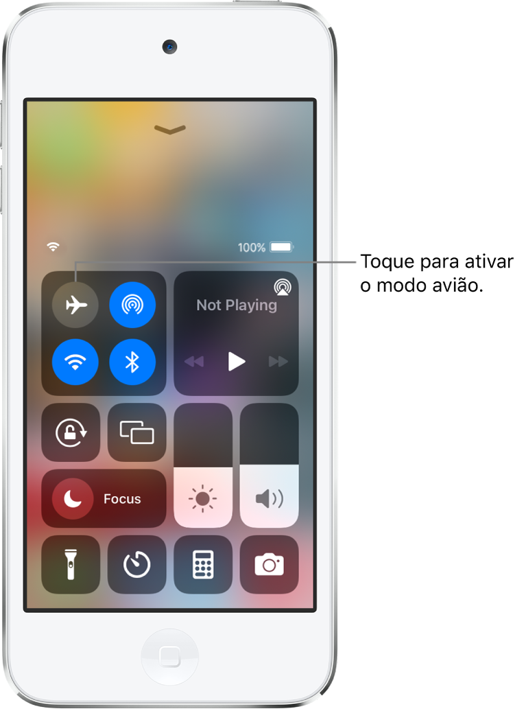 Tela da Central de Controle mostrando que um toque no botão superior esquerdo ativa o modo avião.