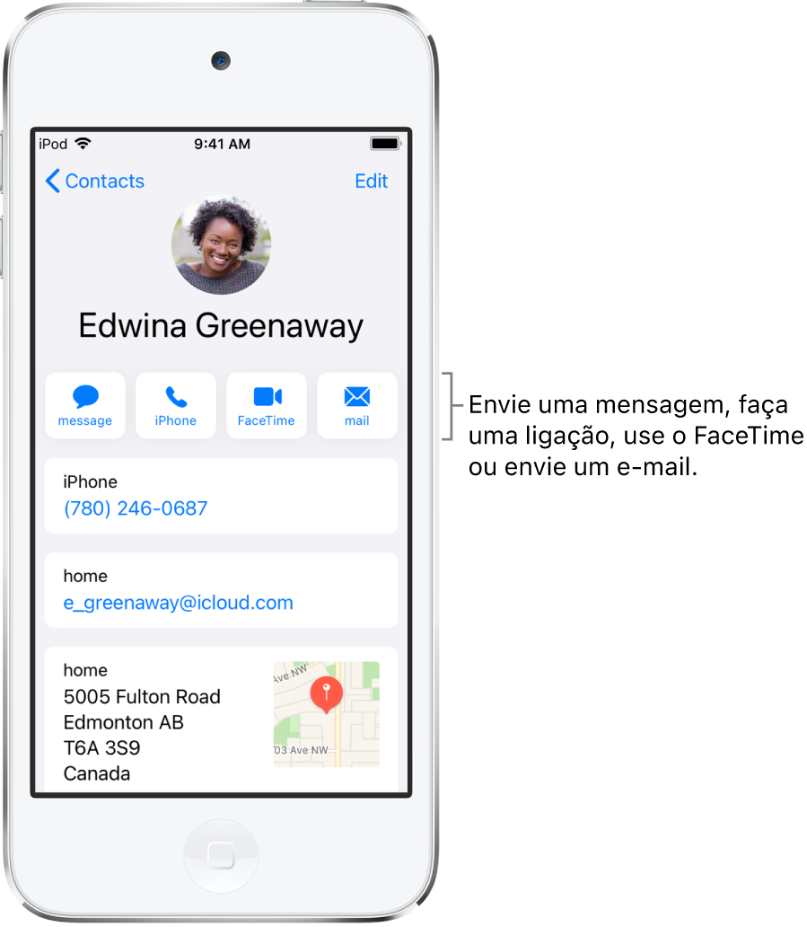 A tela de informações de um contato. Na parte superior encontra-se o nome e a foto do contato. Abaixo encontram-se os botões para enviar uma mensagem, fazer uma ligação telefônica, fazer uma ligação FaceTime e enviar uma mensagem de e-mail. Abaixo dos botões encontram-se as informações de contato.
