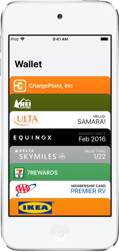 Tela do app Wallet, exibido a parte superior de vários tíquetes. Toque em um tíquete para visualizar os detalhes.