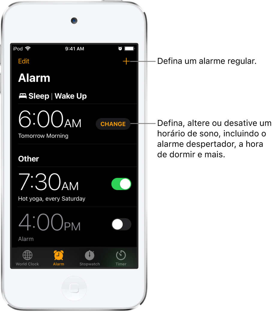 A aba Alarme mostrando três alarmes definidos para vários horários, o botão para definir um alarme regular na parte superior à direita e o alarme Despertador com um botão para alterar os horários de sono no app Saúde.
