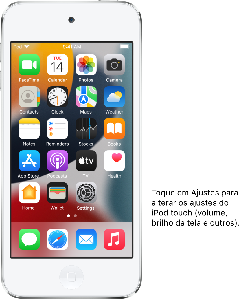 Tela de Início com vários ícones de apps, incluindo o ícone do app Ajustes, o qual você pode tocar para alterar o volume do som, o brilho da tela e outros ajustes do iPod touch.