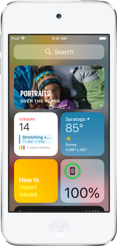 Widgets na galeria de widgets do iPod touch, incluindo os widgets dos apps Fotos, Calendário e Tempo.