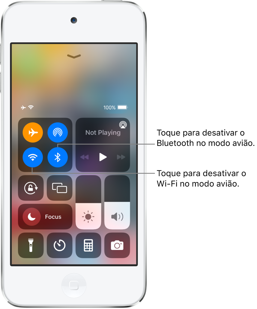 Central de Controle com o modo avião ativado. No grupo de controles do canto superior esquerdo, encontram-se o botão Wi-Fi (abaixo à esquerda) e o botão Bluetooth (abaixo à direita).