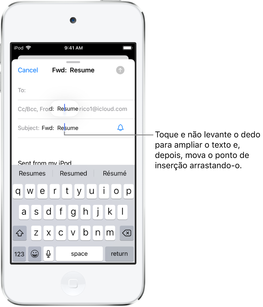 Um rascunho de e‑mail mostra o ponto de inserção posicionado onde o texto será inserido ou editado. O texto circundante é ampliado para facilitar a colocação do ponto de inserção.