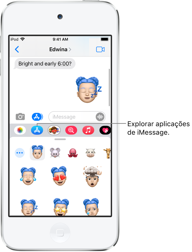 Uma conversa na aplicação Mensagens, com o botão “Navegador de aplicações” do iMessage selecionado. A gaveta de aplicações aberta mostra stickers com smileys.