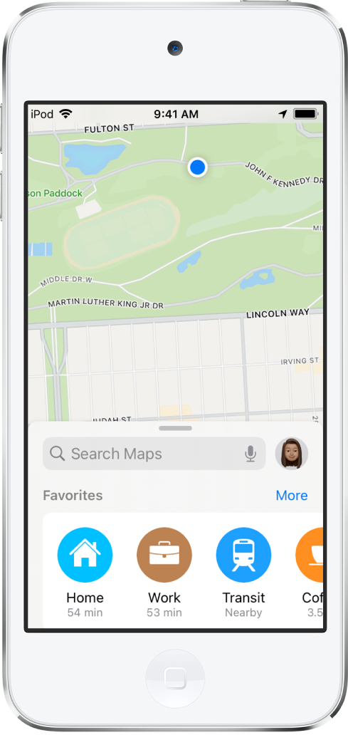Um mapa de um parque e três favoritos na parte inferior do ecrã. Os favoritos são Casa, Trabalho e Transportes.