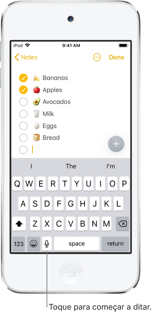 O teclado no ecrã com a tecla Ditar (à esquerda da barra de espaço), no qual pode tocar para começar a ditar o texto.