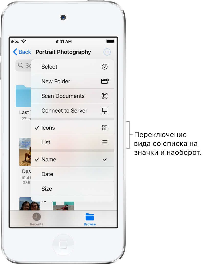 Место для файлов фотографий — iCloud Drive. Элементы отсортированы по названию. Они включают в себя папку «Cottage remodel» и шесть документов: Desert Stop, Karen Blue, Lakeside, Leafy Shadows, Mark Flip и Susan Green. Кнопка изменения вида с отображения списком на отображение значками расположена справа сверху.