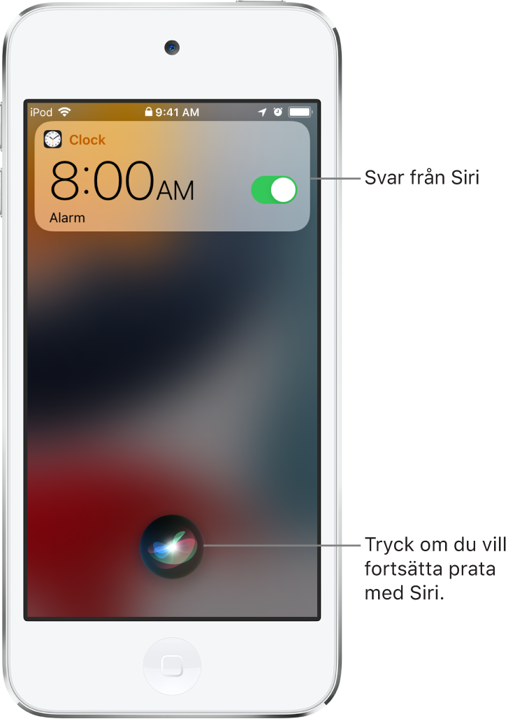 Siri på låsskärmen: En notis från appen Klocka som visar att ett alarm är aktiverat för kl. 08:00. Längst ned i mitten av skärmen finns en knapp för att fortsätta prata med Siri.