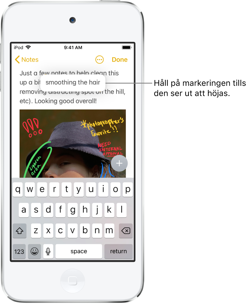 En anteckning i appen Anteckningar. En markerad fras ser ut att lyftas upp när användaren håller ett finger på markeringen.