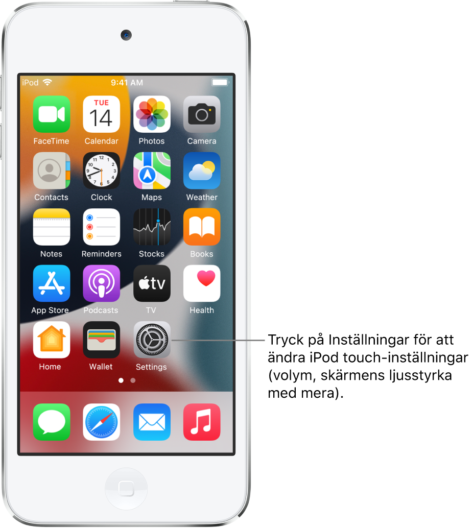 Hemskärmen med flera appsymboler, bland annat symbolen för appen Inställningar som du kan trycka på när du vill ändra ljudvolymen, ljusstyrkan på skärmen med mera på iPod touch.