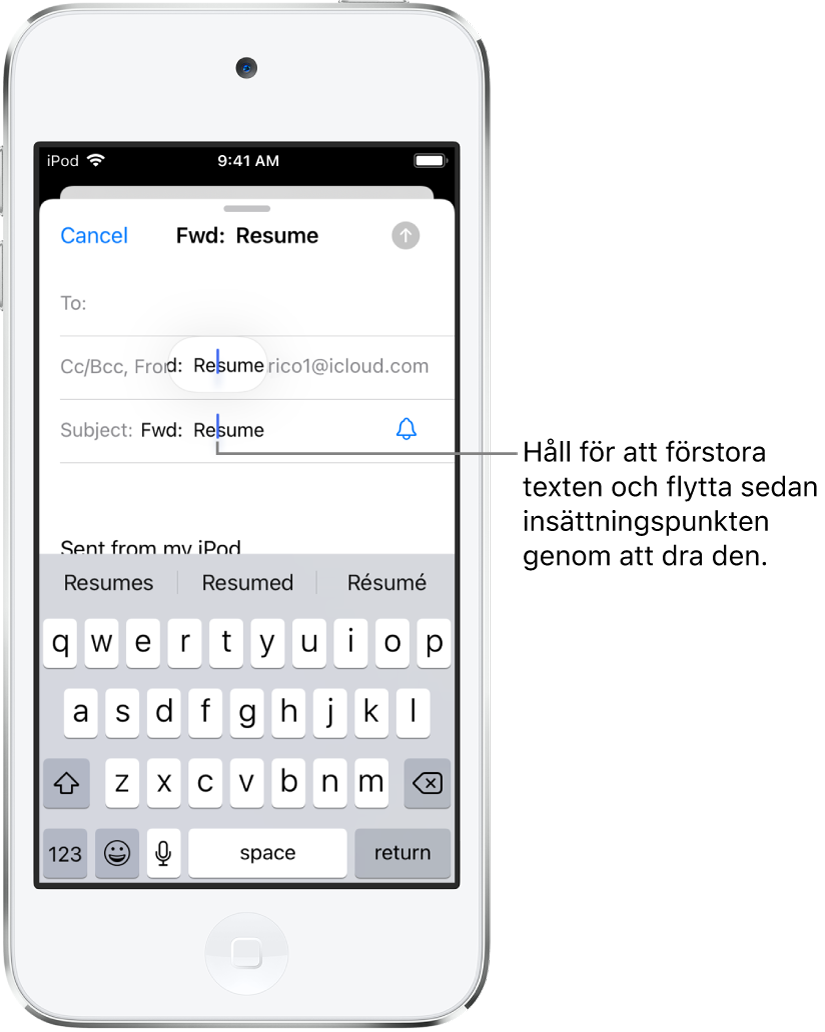 Ett mejlutkast med insättningspunkten placerad där texten ska infogas eller redigeras. Den omgivande texten är förstorad så att det blir enklare att placera insättningspunkten.