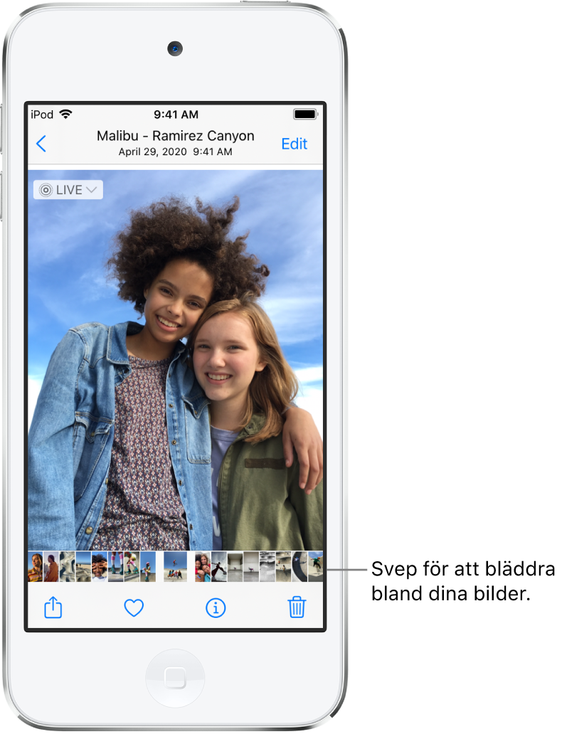 En bild med miniatyrer av andra bilder längs skärmens nederkant. Överst till vänster finns en tillbakaknapp som du använder för att komma tillbaka till vyn där du bläddrade. Längs nederkanten finns knapparna för att dela, gilla och radera. Högst upp till höger finns knappen Ändra.