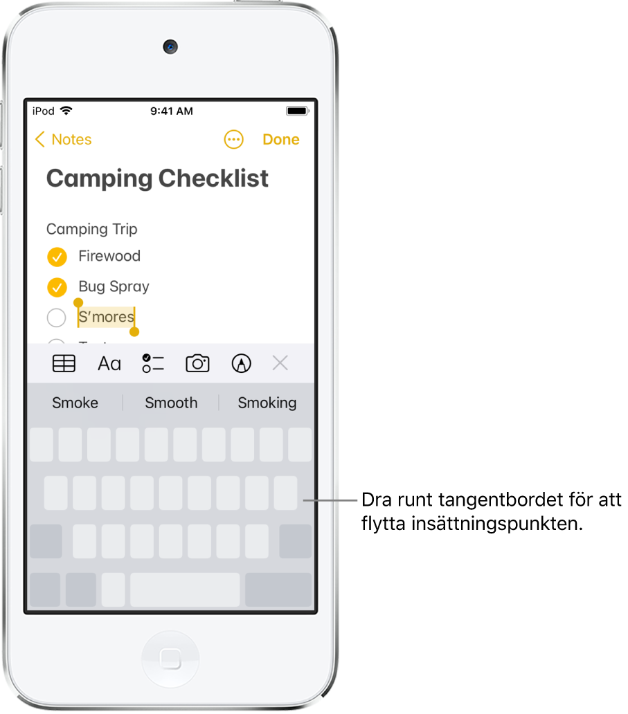 En anteckning som redigeras efter att tangentbordet har förvandlats till en styrplatta. Tangentbordet är nedtonat för att visa att det nu fungerar som en styrplatta.