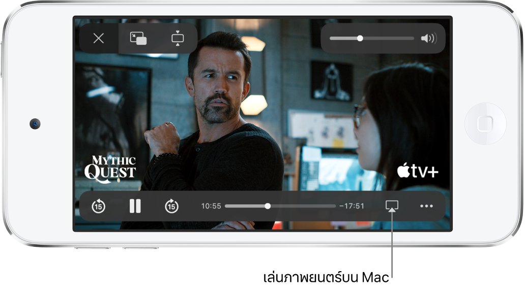 ภาพยนตร์ที่เล่นบนหน้าจอ iPod touch ที่ด้านล่างสุดของหน้าจอคือตัวควบคุมการเล่น รวมถึงปุ่ม AirPlay บริเวณด้านขวาล่างสุด