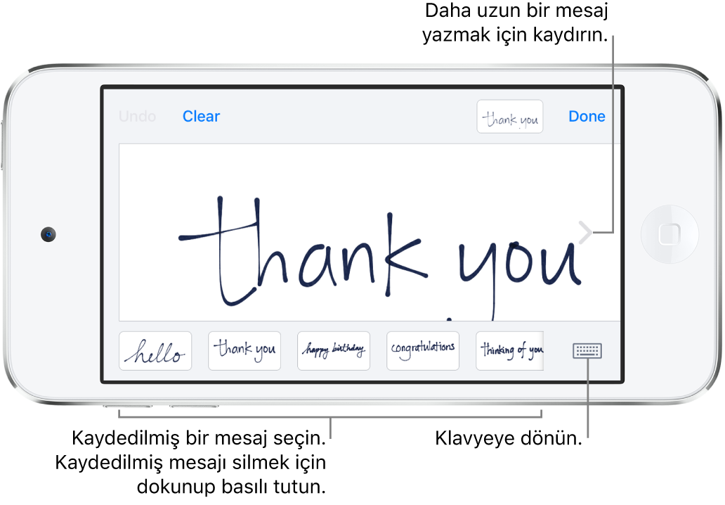 El yazısı mesajının olduğu el yazısı ekranı. Alt tarafta soldan sağa doğru kaydedilen mesajlar ve Klavyeyi Göster düğmesi bulunuyor.