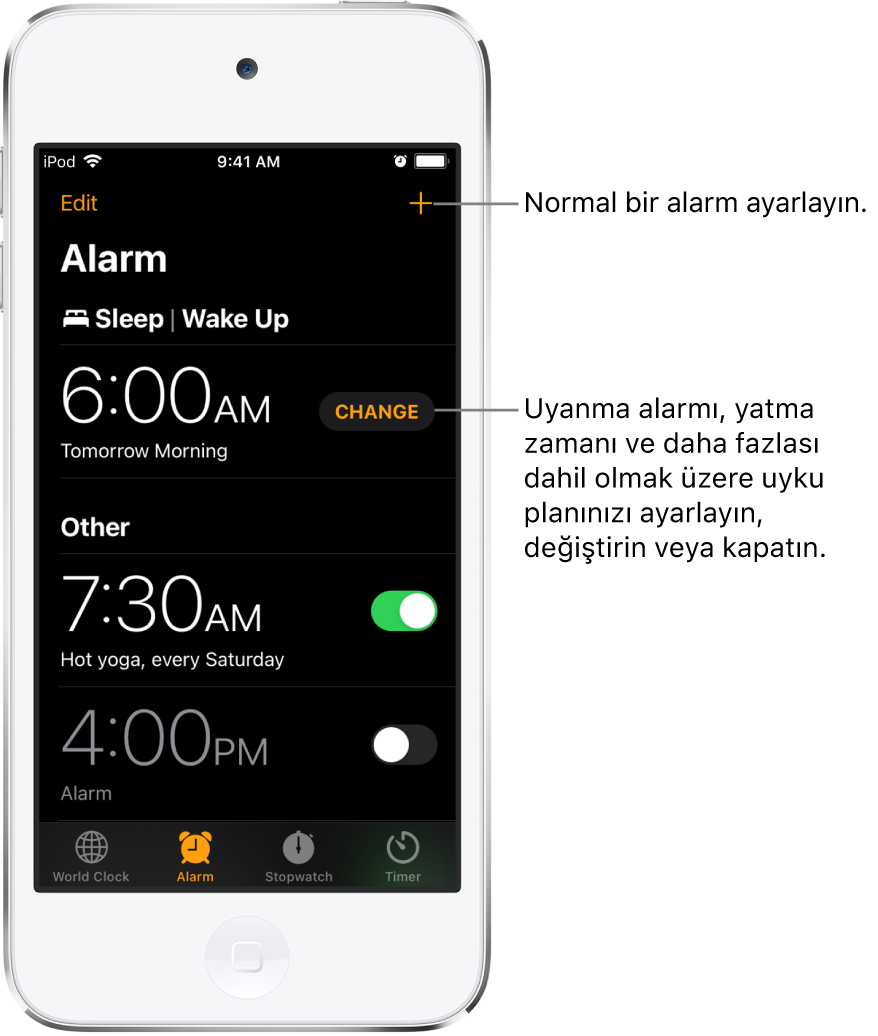 Çeşitli saatlere kurulmuş üç alarmı, sağ üstte normal bir alarm kurma düğmesini ve Sağlık uygulamasında uyku planını değiştirme düğmesiyle Uyanma alarmını gösteren Alarm sekmesi.