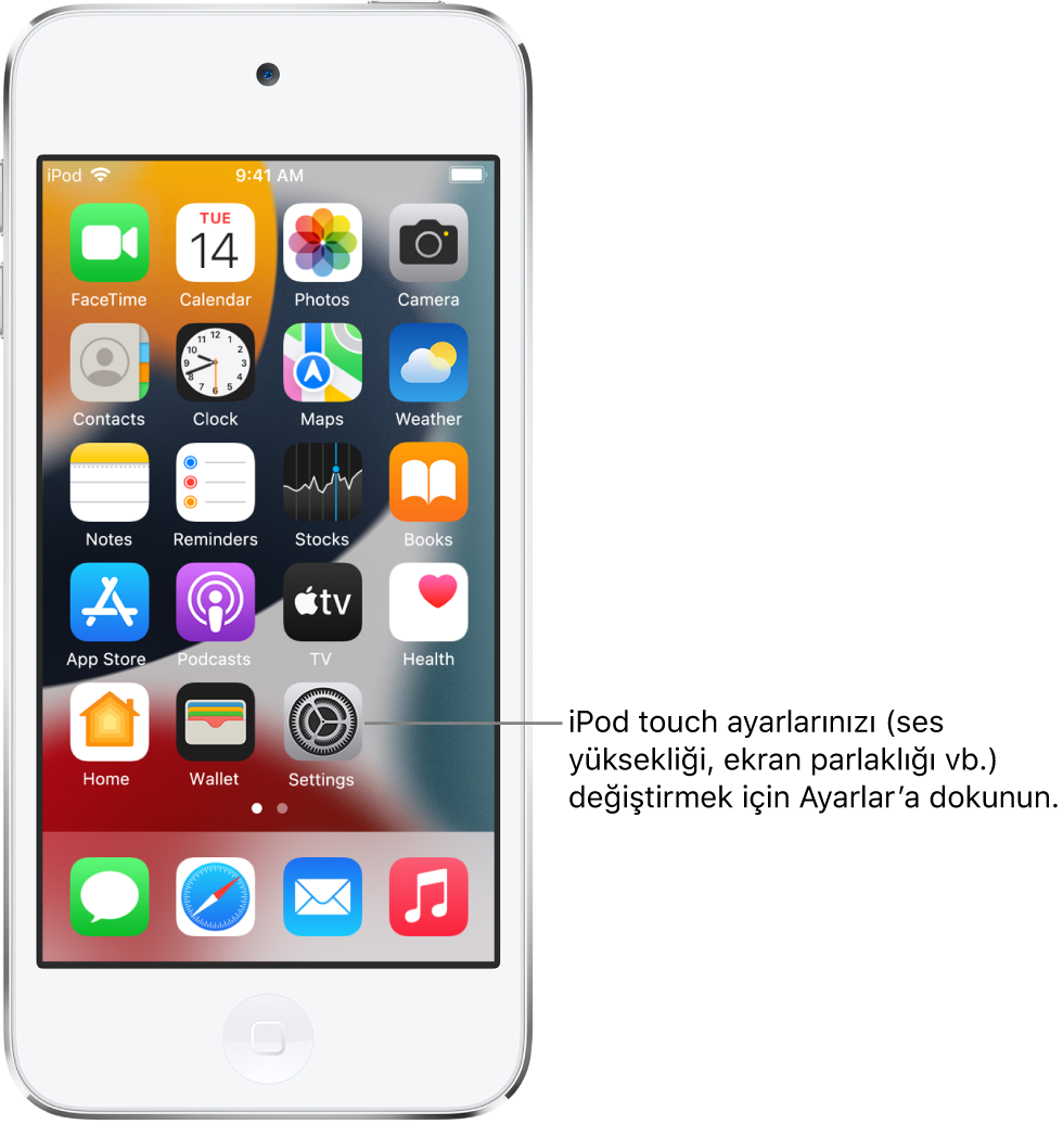 iPod touch’ınızın ses yüksekliğini, ekran parlaklığını ve daha birçok şeyi değiştirmek için dokunabileceğiniz Ayarlar uygulamasının simgesi de dahil olmak üzere birçok uygulama simgesinin bulunduğu ana ekran.