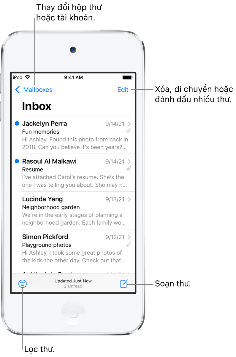 Hộp thư đến, đang hiển thị một danh sách các email. Nút Hộp thư để chuyển đổi sang một hộp thư khác nằm ở góc trên cùng bên trái. Nút Sửa để xóa, di chuyển hoặc đánh dấu email nằm ở góc trên cùng bên phải. Nút để lọc email sao cho chỉ các loại email nhất định hiển thị nằm ở góc dưới cùng bên trái. Nút để soạn một email mới nằm ở góc dưới cùng bên phải.