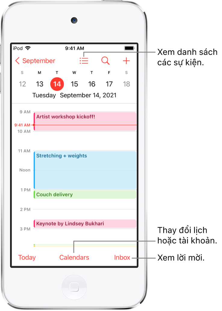 Một lịch ở chế độ xem ngày đang hiển thị các sự kiện trong ngày. Nút Lịch ở cuối màn hình cho phép bạn thay đổi tài khoản lịch. Nút Hộp thư đến ở dưới cùng bên phải cho phép bạn xem lời mời.