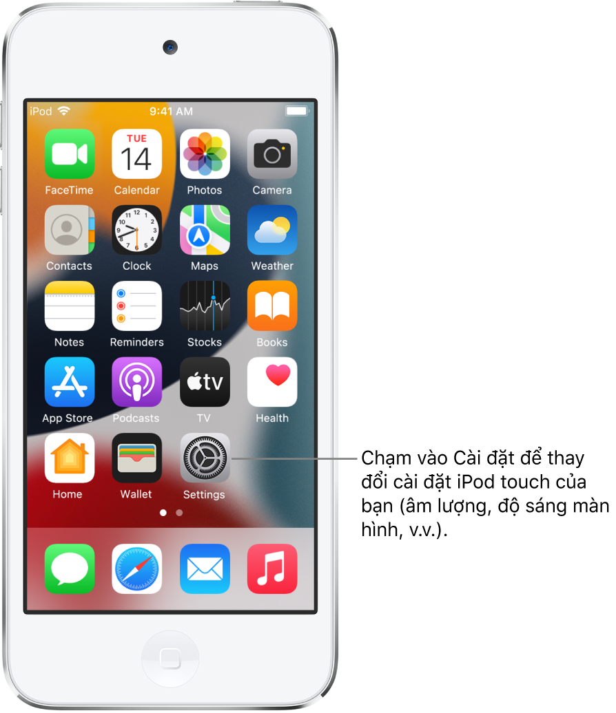 Màn hình chính với một vài biểu tượng ứng dụng, bao gồm biểu tượng ứng dụng Cài đặt mà bạn có thể chạm để thay đổi âm lượng âm thanh, độ sáng màn hình, v.v của iPod touch.