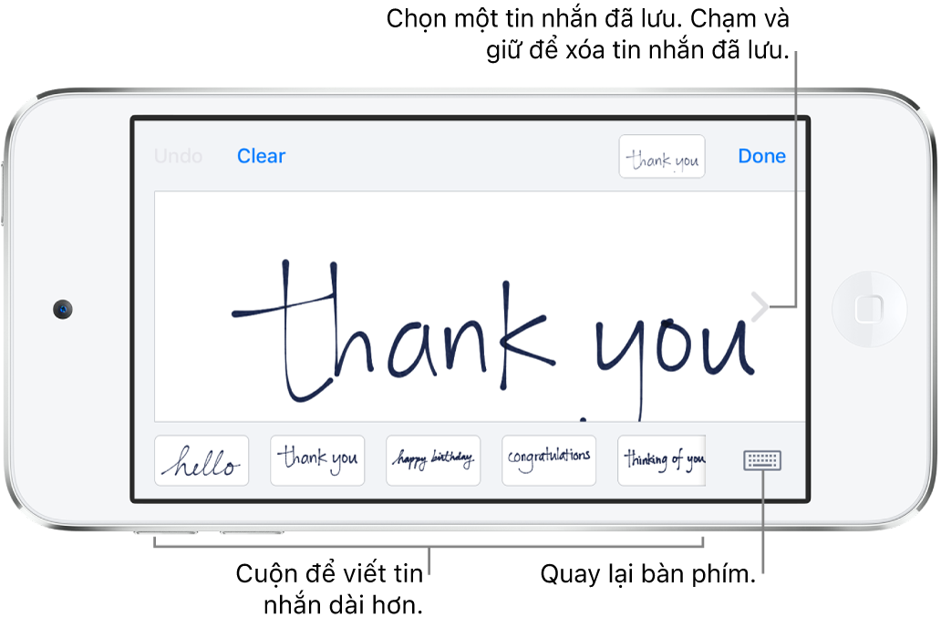 Màn hình viết tay với một tin nhắn viết tay. Dọc theo cạnh dưới, từ trái sang phải, là các tin nhắn đã lưu và nút Hiển thị bàn phím.