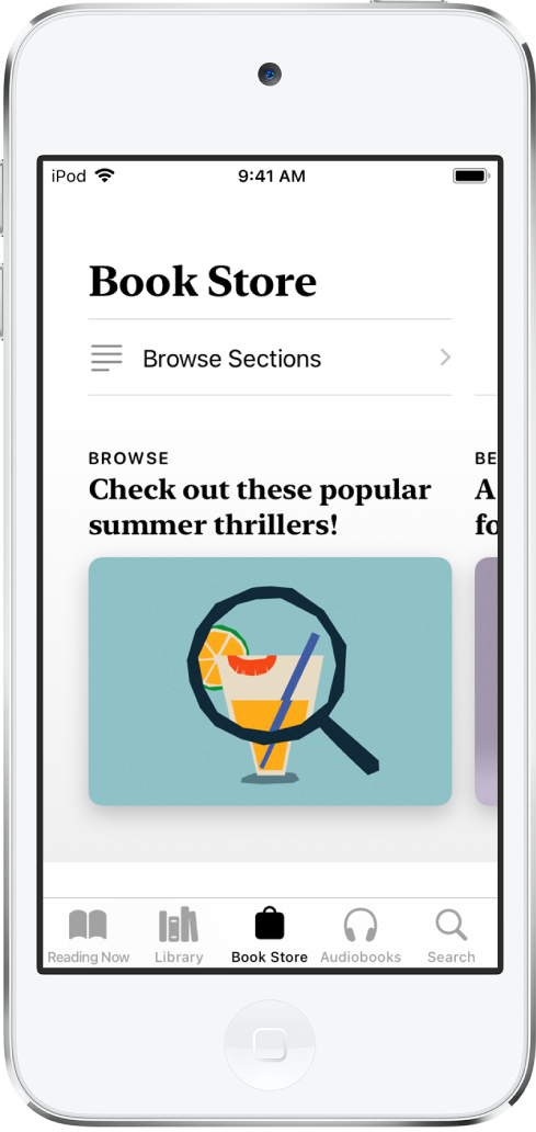 Trong ứng dụng Sách, một màn hình trong Book Store. Ở cuối màn hình, từ trái sang phải, là các tab Đang đọc, Thư viện, Book Store, Sách nói và Tìm kiếm--tab Book Store được chọn. Màn hình cũng hiển thị sách và danh mục các sách để duyệt và mua.