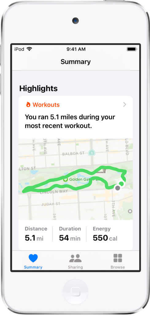 “摘要”屏幕的提要中显示一段 5.1 英里的跑步。