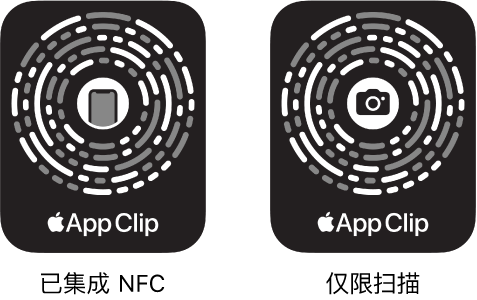 左侧为 iPhone 图标位于中间的集成 NFC 的轻 APP 码。右侧为相机图标位于中间的仅供扫描的轻 APP 码。