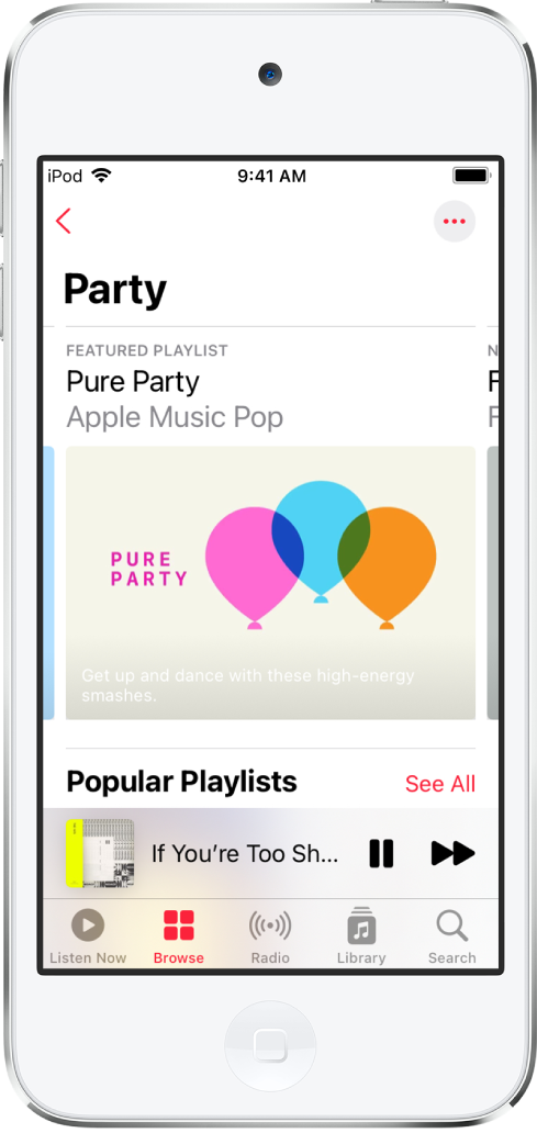 Apple Music 的“浏览”屏幕，显示派对播放列表。
