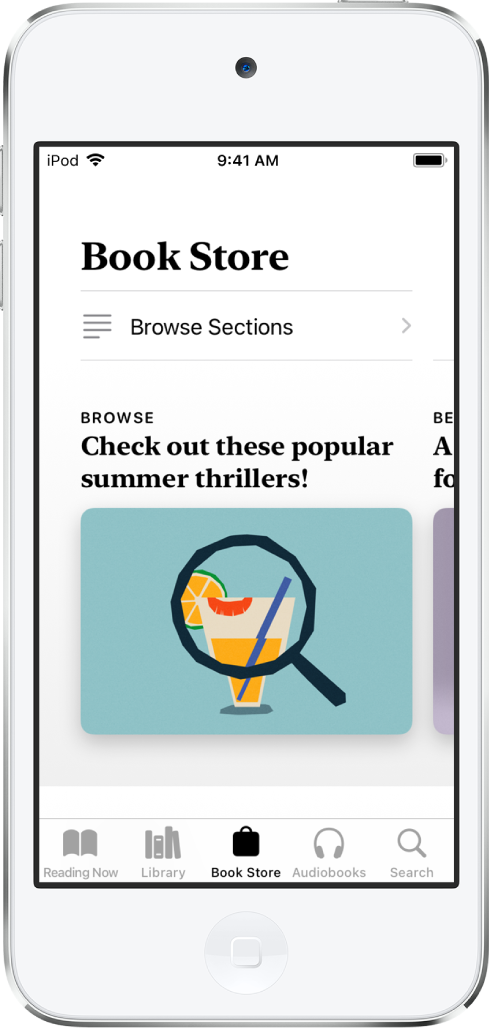 在「書籍」App 中，「書店」中的畫面。在螢幕底部，從左到右為「閲讀中」、「書庫」、「書店」、「有聲書」及「搜尋」分頁。已選取「書店」分頁。螢幕也顯示可瀏覽和購買的書籍和書籍類別。