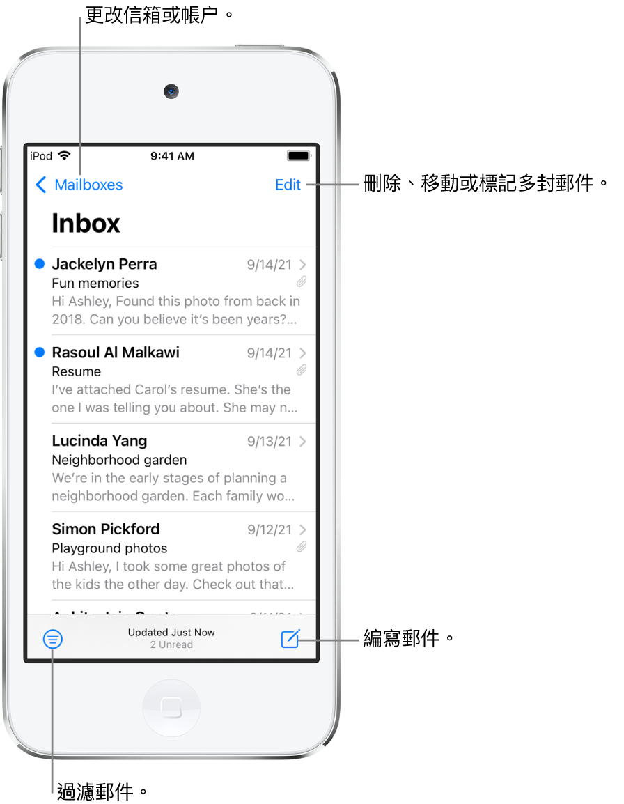 「收件箱」顯示電郵列表。用來切換到其他信箱的「信箱」按鈕位於左上角。用來刪除、移動或標記電郵的「編輯」按鈕位於右上角。用來過濾電郵來只顯示特定種類電郵的按鈕位於左下角。用來編寫新電郵的按鈕則位於右下角。