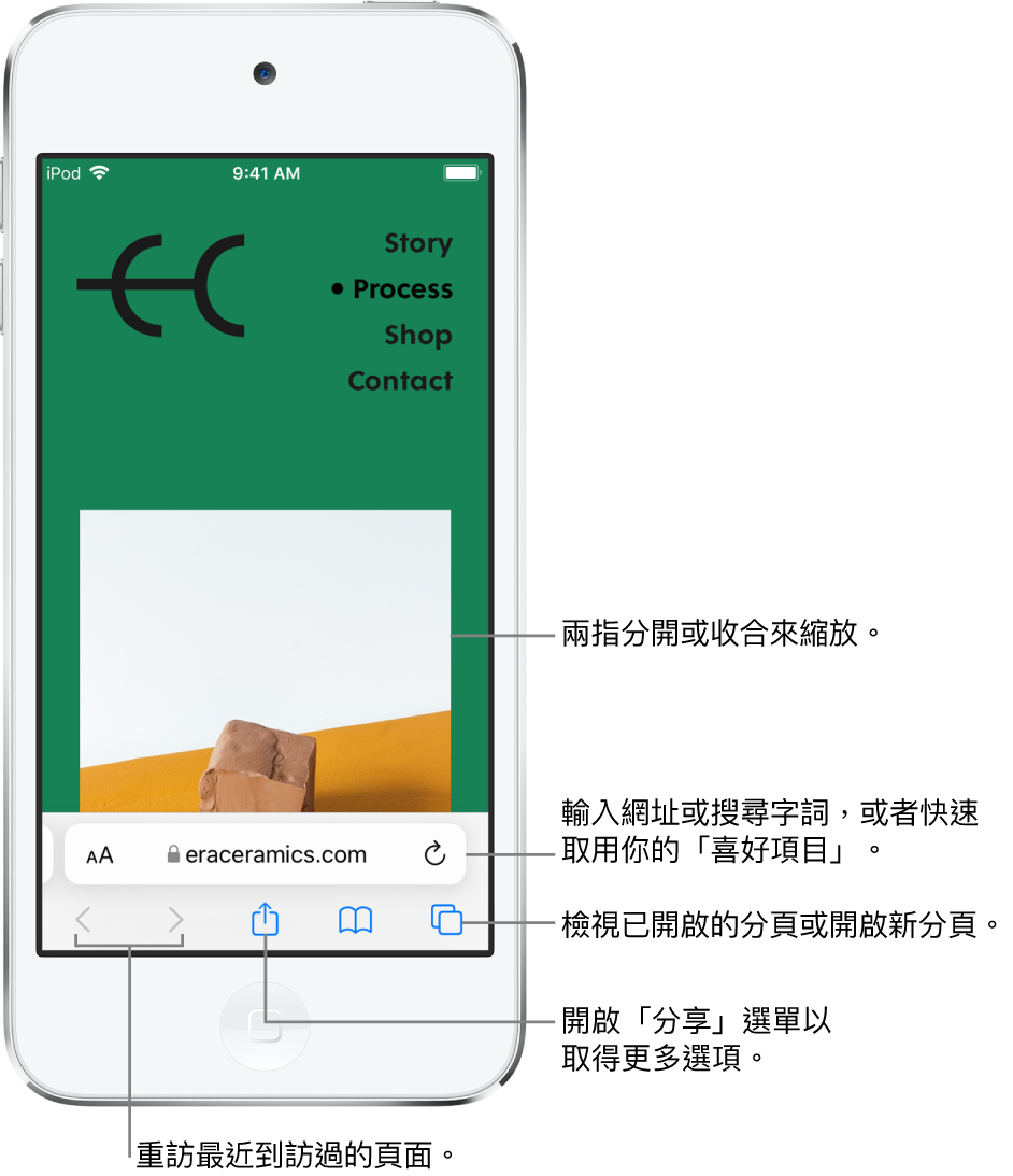 在 Safari 中開啟一個網站，網址欄位在底部。螢幕底部從左到右依序是：「上一頁」、「下一頁」、「分享」、「書籤」和「分頁」按鈕。