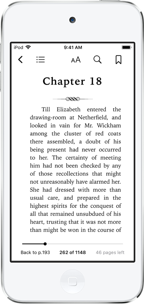 書籍頁面在「書籍」App 中螢幕頂部的按鈕開啟，螢幕底部從左到右為合上書籍、檢視目錄、更改文字、搜尋和加上書籤的按鈕。螢幕底部有個滑桿。