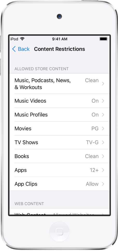 「螢幕使用時間」中的「內容限制」畫面。螢幕中由上至下列出設定選項，並顯示「音樂」、Podcast、News 與「體能訓練」的分級設為兒少適宜」，「音樂錄影帶」和「音樂個人檔案」設為「開啟」，「電影」設為保護級，「電視節目」設為普遍級，「書籍」設為「兒少適宜」，App 設為 12 歲以上，以及輕巧 App 設為「允許」。