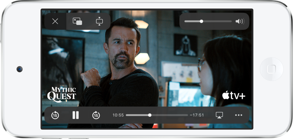 正在播放的電影，顯示控制項目。「關閉」、「子母畫面」和「縮放」按鈕位於左上方。音量滑桿位於右上方。在左下方，有向後跳過 15 秒、暫停和向前跳過 15 秒的按鈕。底部中間是一個滑桿，您可以拖移它來調整影片位置；經過時間和剩餘時間則顯示在滑桿的兩側。在右下方，有用來更改影片目標和顯示更多控制項目的按鈕。