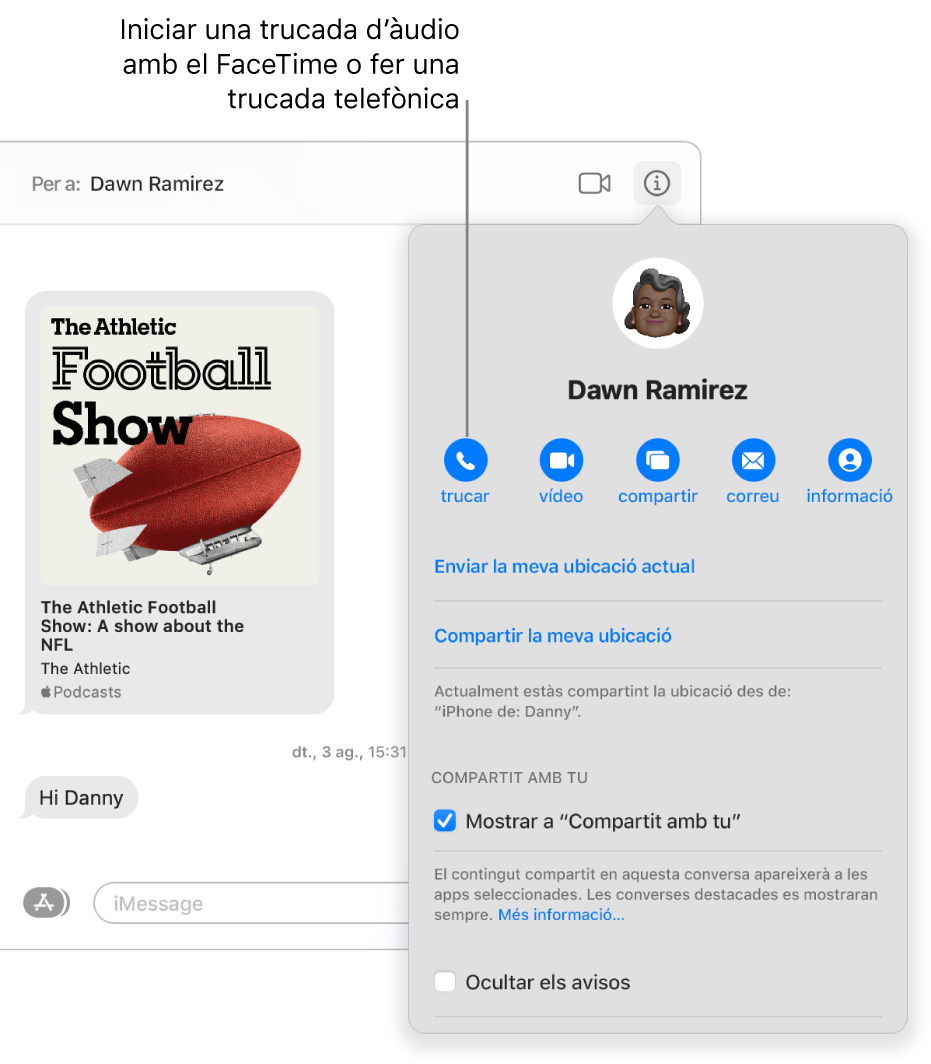 Vista Detalls que apareix en fer clic al botó Detalls en una conversa. Utilitza el botó de trucada de l’esquerra per iniciar una trucada d’àudio amb el FaceTime o fer una trucada telefònica.