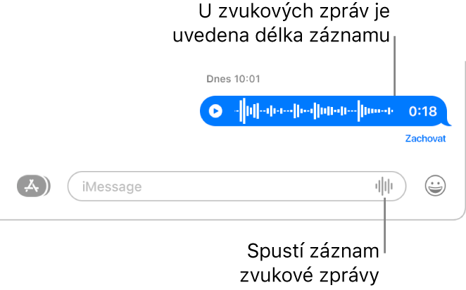 Okno aplikace Zprávy s konverzací; u dolního okraje oka je vedle textového pole zobrazeno tlačítko Nahrát zvuk. V konverzaci se objeví zvuková zpráva s vyznačením délky záznamu.