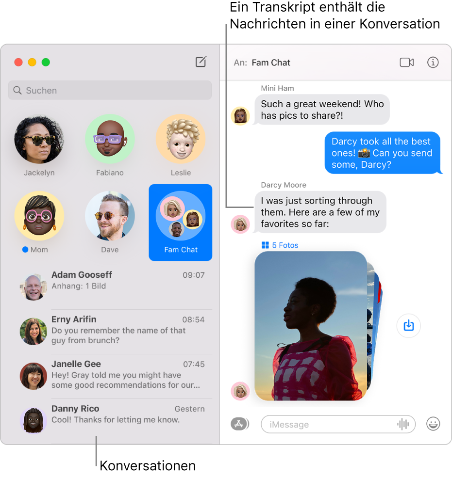Das Fenster der App „Nachrichten“ mit Konversationen in der Seitenleiste und dem Protokoll mit den Nachrichten der Konversation.