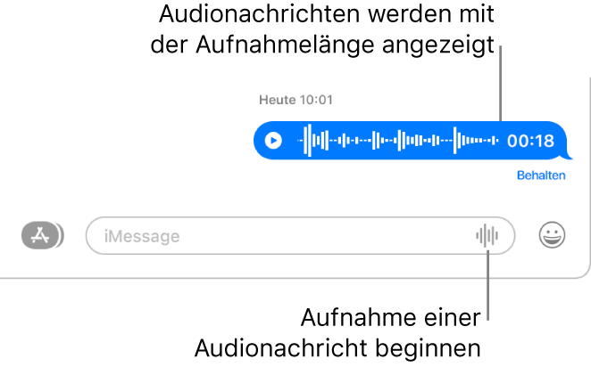 Eine Konversation im Fenster „Nachrichten“ mit der Taste zum Aufnehmen von Audio neben dem Textfeld unten im Fenster. In der Konversation wird eine Audionachricht mit der Länge der Aufnahme angezeigt.