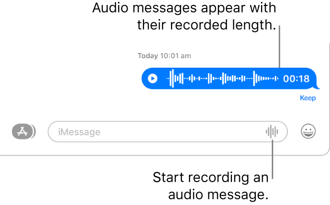 A conversation in the Messages window, showing the Record Audio button next to the text field at the bottom of the window. An audio message appears with its recorded length in the conversation.